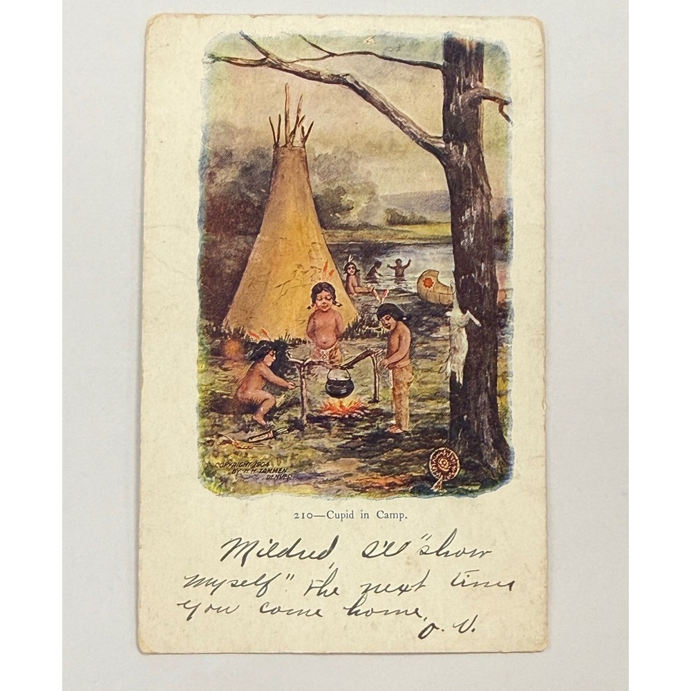 Antique 1904 H.H. Tammen Postcard 210 Cupid in Camp Native American 1907 Pmark